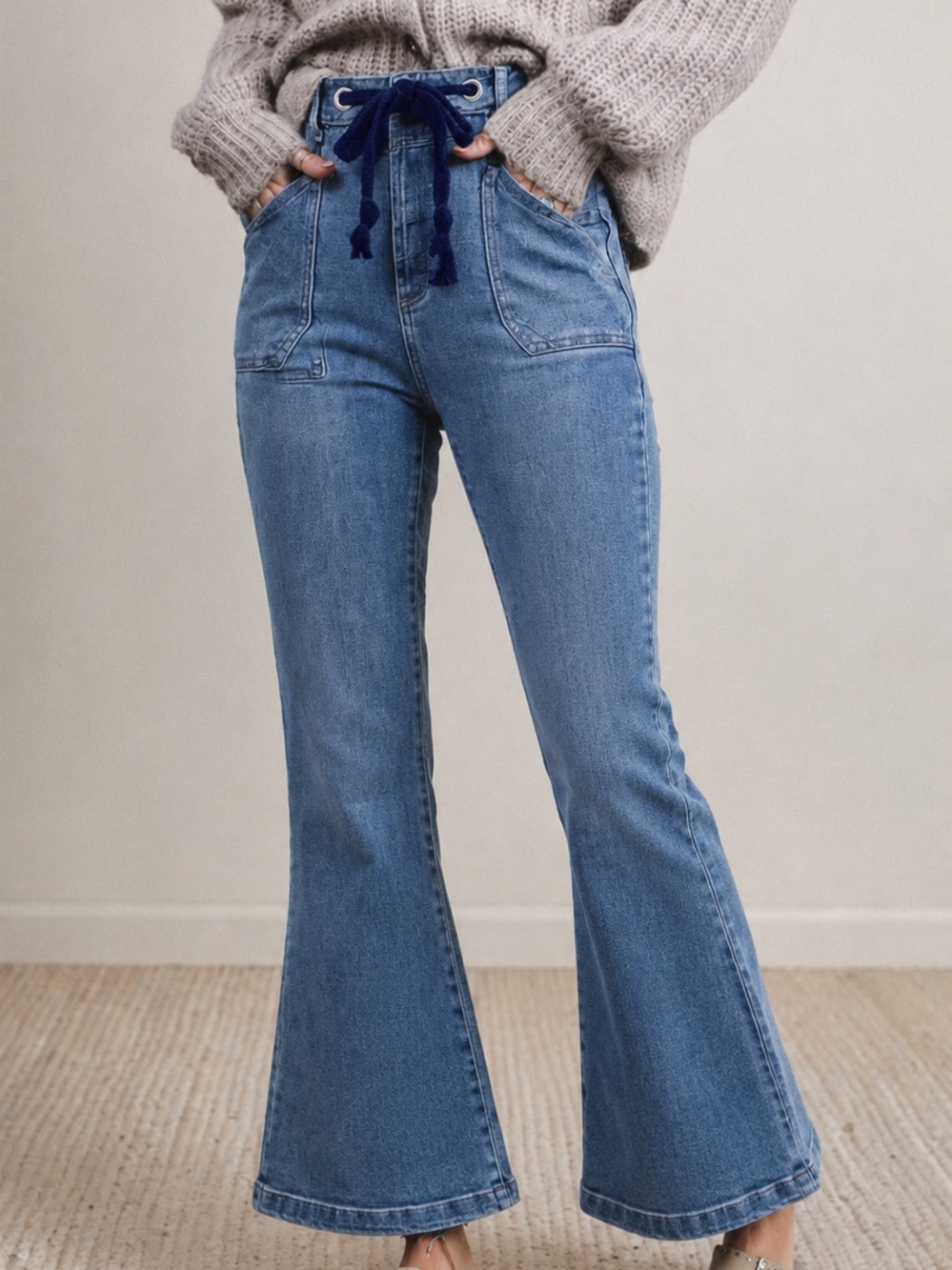 Risen Wide Leg Flare Bell Bottom Medium Wash Drawstring Jeans Pants Blue 7/28